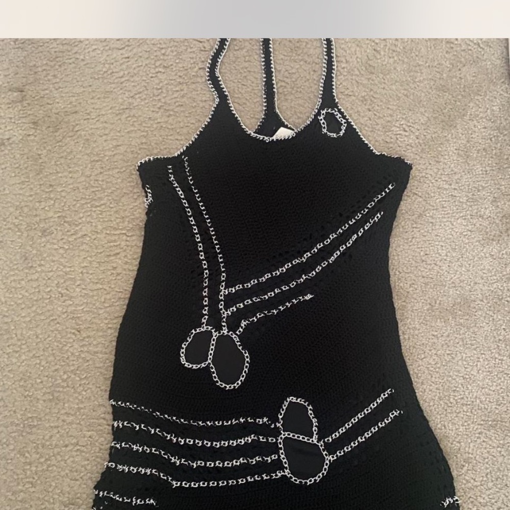Black Knit Dress with White Chain Pattern